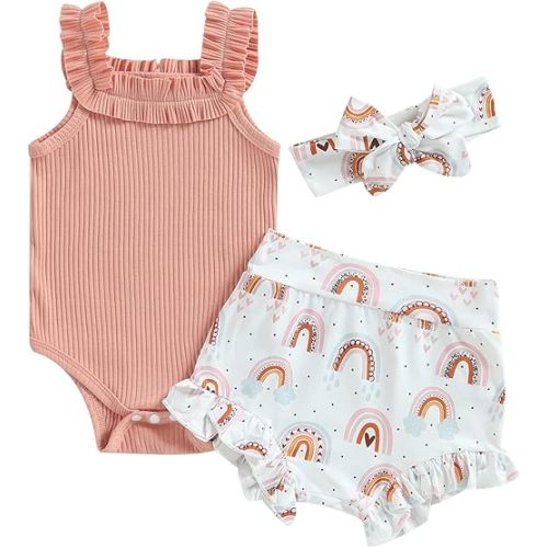 CIYCUIT Newborn Baby Girl Summer Clothes Ruffle Sleeveless Ribbed Top Bloomers Shorts Set
