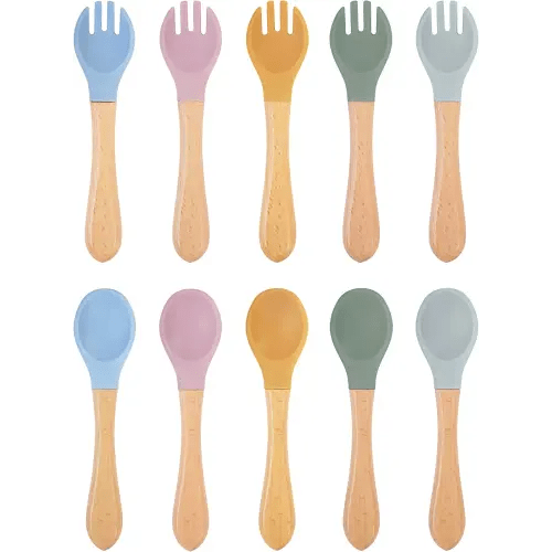 10 Pieces Bamboo Baby Spoons & Baby Forks Set, Chewable Baby Utensils for Self-Feeding, Bamboo and Silicone Baby Utensils, Kids Utensils for Over 6 Months Babies