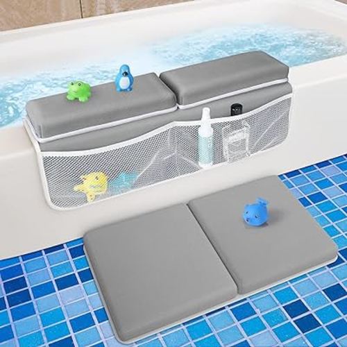 Tiikiy Comfortable Bath Kneeler and Elbow Rest Pad Set for Baby Shower Time Parents, Bathtub Kneeling Pad Painless Memory Foam Mat with Bath Toys Organizer Pockets Quick Drying -Green Gray