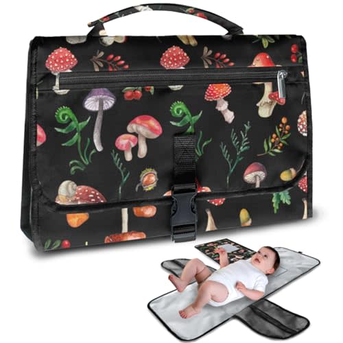 Portable Changing Pad,Black Diaper Changing Pad for Newborn Girl & Boy Travel with Smart Wipes Pocket Foldable Wipeable Changing Pad,Mushroom Pattern Baby Changing Pad - Baby Gifts