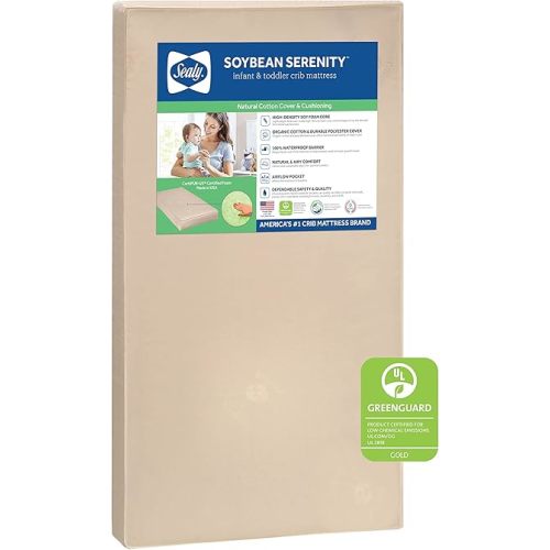 Sealy Baby Soybean Serenity Breathable 2 Stage Waterproof Crib Mattress plus Toddler Bed Fit, Organic Cotton, Soy Enhanced Foam, GREENGUARD Gold Certified, Safety & Quality Tested, Made in USA, 52X28'