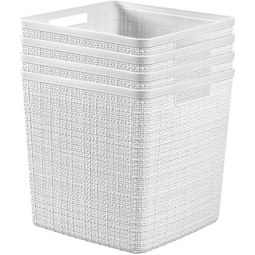 Curver Jute Decorative Plastic Organization and Storage Basket Perfect Bins for Home Office, Closet Shelves, Kitchen Pantry and All Bedroom Essentials, White, Large Cube, Set of 4
