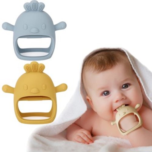 Silicone Baby Teether Toy for Infants 3+ Months, BPA Free Anti-Drop Silicone Mitten Teething Toy for Soothing Sore Gums, Baby Chew Toys for Sucking Needs, Dusty Blue+Mango