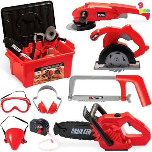 Joyfy 9Pcs Kids Tool Set with Construction Worker Box & Drill Chainsaw, Pretend Play Toddler Tool Toys for Boy Girl Birthday Dress Up Party Favors