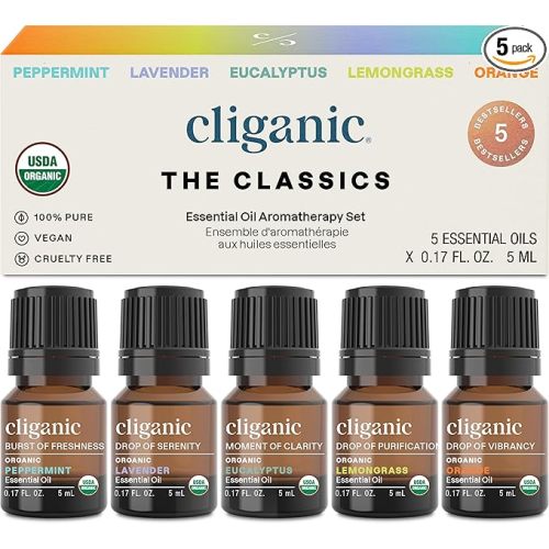 Cliganic Organic Essential Oils Set (Top 5) - 100% Pure Natural - Aromatherapy, Candle Making - Peppermint, Lavender, Eucalyptus, Lemongrass & Orange (Packaging May Vary)