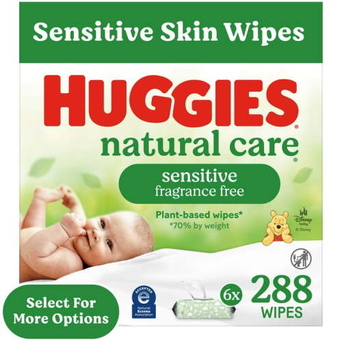 Huggies Natural Care Sensitive Baby Wipes, Hypoallergenic, Dermatologist Tested, 6 Pack, 288 Total Ct