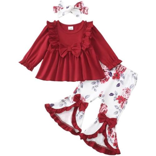 Toddler Baby Girl Clothes Fall/Winter Girls Outfits Ruffle Long Sleeve Tops Floral Flared Pants Girls' Clothing Sets