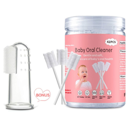 Baby Tongue Cleaner, 42Pcs Disposable Infant Toothbrush, Gauze Gum Cleaner Baby Oral Cleaning Stick Dental Care for 0-36 Months + Free 1 Finger Toothbrush