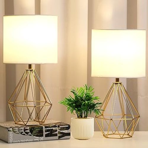 Small Gold Table Lamp Set of 2, Bedside Nightstand Lamps with White Fabric Shade,Hollow Metal Base, Desk lamp, Modern Geometric Table Lamp for Bedrooms, Living Room,Office