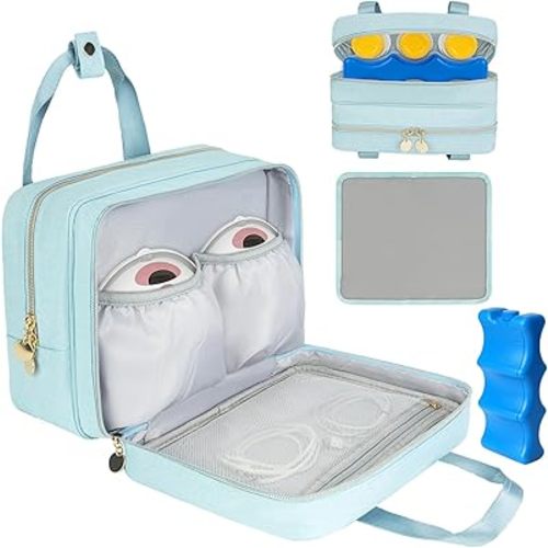 Wearable Breast Pump Bag with Cooler Compartment,Breast Milk Pump Travel Bag Compatible with Willow,Elvie,Medela Pump&Momcozy M5/S12 Pro, Carrying Case for Pump Parts and Bottles,Blue