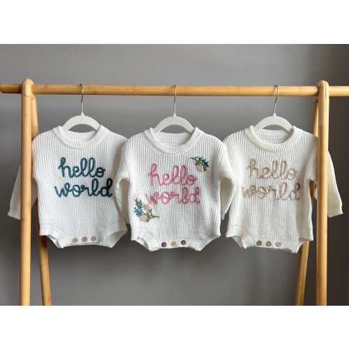 Hand-embroidered, “hello world” newborn baby knit bodysuit, size 0-3 month, birth or pregnancy announcement