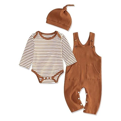 oklady Baby Boy Clothes Stripe Pattern Print Romper Top and Baby Overalls with Hat 0-18 Months Baby Boy Outfits
