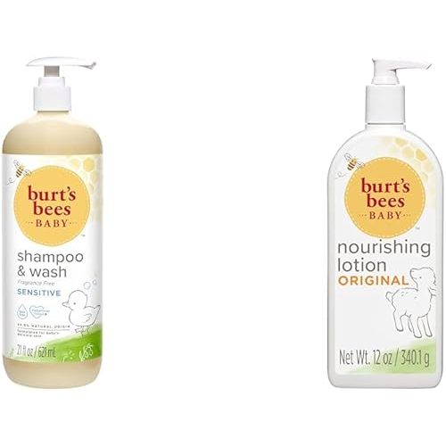 Burt's Bees Baby Shampoo and Wash Set with Nourishing Lotion, Fragrance Free 2-in-1 Formula 21 oz and Original Scent 12 oz