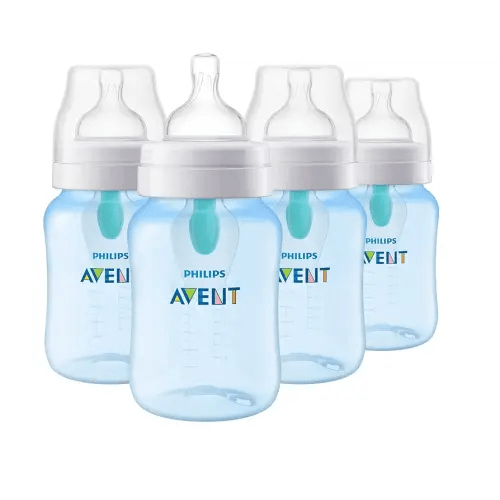 Philips Avent Anti-Colic Bottle with AirFree Vent, 9oz, with Flow 2 Nipples, 1m+, 4pk, Blue, SCY703/24