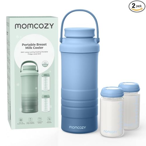 Momcozy 22oz Portable Breast Milk Cooler for Outdoor, Life Saver with 360° Total Cooling for 24 Hours, Larger Capacity Travel Breastmilk Chiller with 2pcs Baby Bottles for Breastmilk Storage, Blue