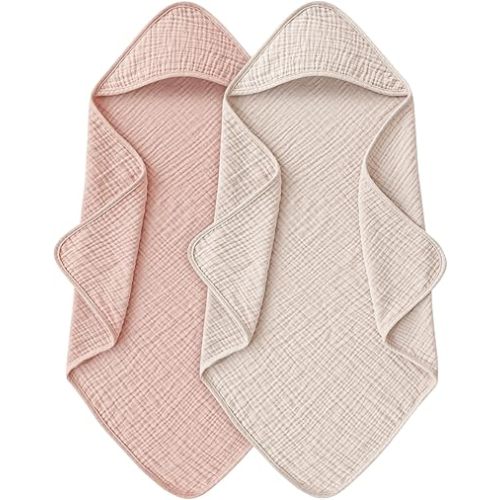 Hooded Baby Bath Towels, 100% Muslin Cotton Baby Girl Towels with Hood for Neutral Newborn Infants, Soft & Absorbent, Large Size - 32 * 32 Inches (Ivory & Pink)