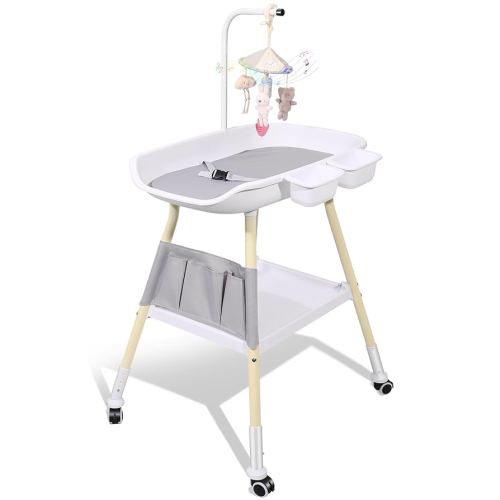 Baby Changing Table, Adjustable Height Diaper Changing Station with Baby Crib Mobile, Changing Pad, Nursery Organizer and Large Storage Rack for Infant and Newborn