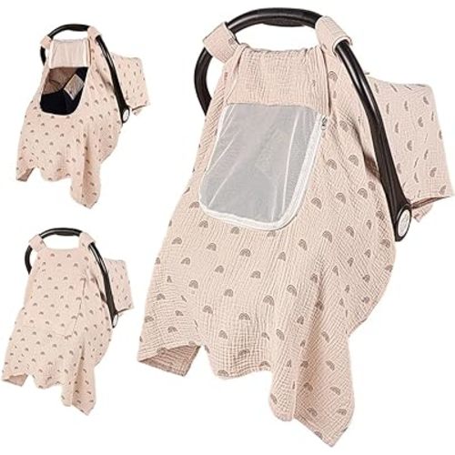 Car Seat Cover Baby, 100% Muslin Baby Car Seat Cover, 3 in 1 Carseat Sover, Carseat Cover for Baby Easy to Get in & Out