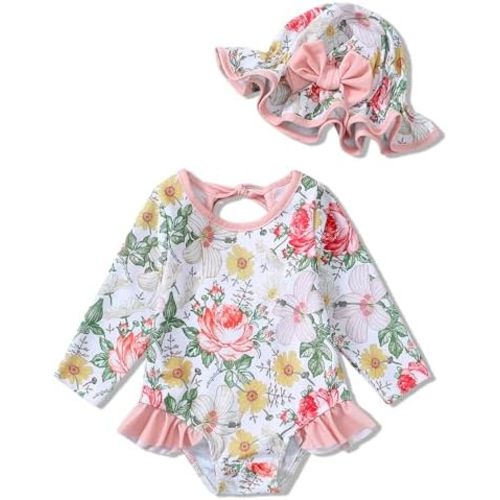 SUNNY PIGGY Baby Girls One Piece Swimsuit Long Sleeve Floral Bathing Suit+Hat 2Pcs