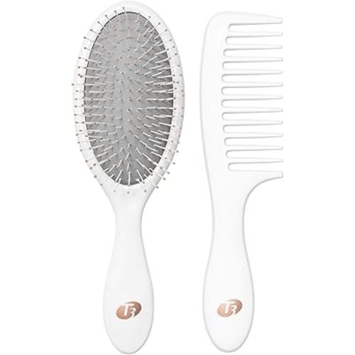 T3 Detangle Duo Brush Set | Detangling Brush and Shower Comb Set | Comb to Disperse Liquid & Brush to Detangle Wet Hair| For All Hair Lengths and Textures, white, 1 Count (Pack of 1)