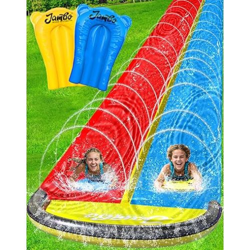 JAMBO 22.5ft Double Lane Slip Splash and Slide with 2 Bodyboards with Built in Sprinkler for Backyard Outdoor Water Fun for Kids