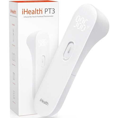iHealth No-Touch Forehead Thermometer, Infrared Digital Thermometer for Adults and Kids, Touchless Baby Thermometer, 3 Ultra-Sensitive Sensors, Large LED Digits, Quiet Vibration Feedback, Non Contact