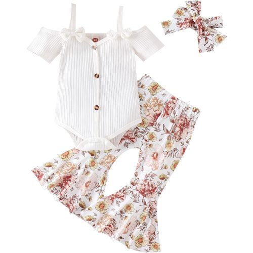 Kaipiclos Infant Baby Girl Summer Clothes Daisy Print Bell Bottoms Outfit Cute Romper Tops Flared Pants 3PC Flower Set - 3-6 Months - A-white