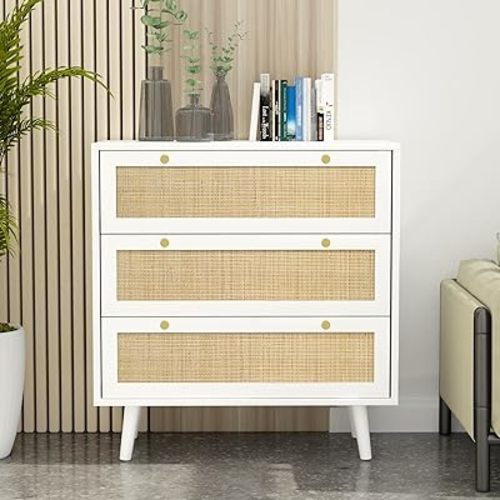 Anmytek White Dresser for Bedroom, Modern 3 Drawer Chest Rattan Dresser with Spacious Storage Bedroom Dresser Rattan Furniture H0072