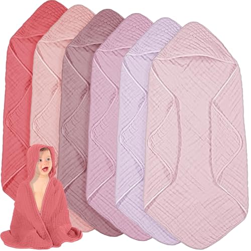 Peryiter 6 Pcs Muslin Hooded Baby Towels 32x32inch Cotton Newborn Bath Essentials Muslin Infant Blankets Absorbent Registry Baby Shower Present for Babies Girl Boy Toddler Kids (Purple Series)
