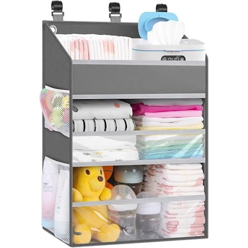 Hanging Diaper Caddy Organizer Crib Organizer–Spacious Baby Girl/Boy Diaper Organizer for Changing Table, Playpen/Wall- Hold 90+ Diaper (Grey)