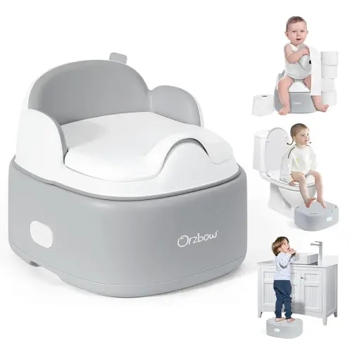Orzbow 3-in-1 Potty Training Toilet, Detachable Toddler Potty,As Toilet Seat, Chair, Step Stool for Boys & Girls 18+ Months, Universal Potty Seat with Adjustment Lever, Splash Guard, Easy Clean, Gray
