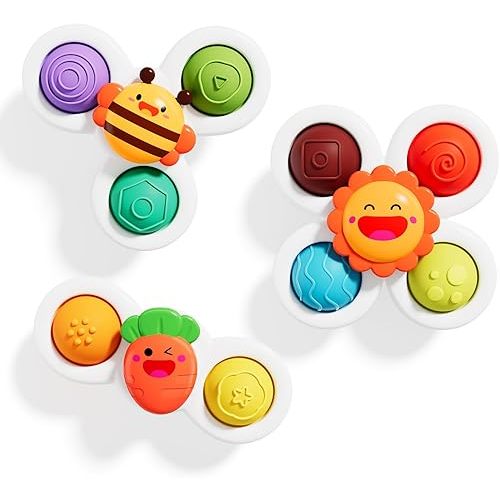 ALASOU 3PCS Pop Suction Cup Spinner Sensory Airplane Travel Toys for 1 Year Old Boy Girl Infant Toddlers|Novelty Spinning Tops 12 18 Months|1 2 Year Old Boy Birthday Gift|Baby Bath Toy Kids Ages 1-3