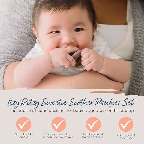 Itzy Ritzy Silicone Pacifiers for Newborn - Sweetie Soother Pacifiers Feature Collapsible Handle & Two Air Holes for Added Safety; For Ages Newborn and Up, Set of 2 in Buttercream & Toast