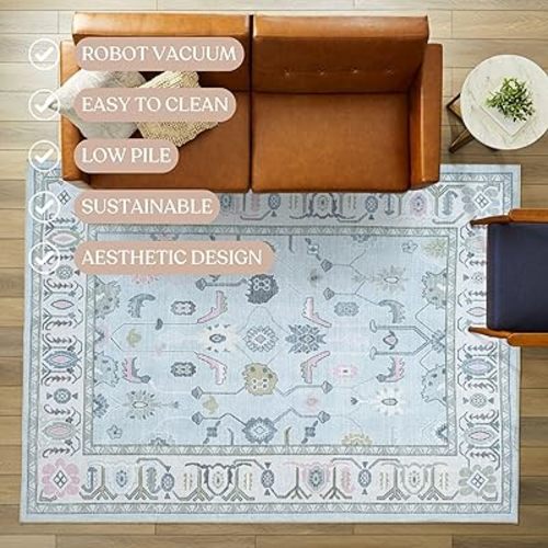 Cream Blue Oushak Rug, Modern, Vintage, Turkish, Eclectic, Floral, Pastel, Washable, Large Area Rugs for Living Room, Dining, Bedroom, Girls, Boys, 7'5"x9'8"