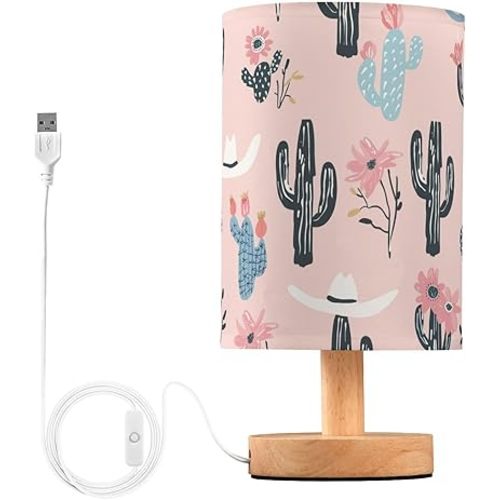 Bedside Table Lamp Western Cowboy Desert Cactus Pink Nightstand Lamp with Wood Desk Lamps for Bedroom Living Room Nursery Office Home Decor