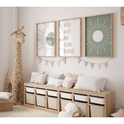 You Are My Sunshine Print, Boho Nursery Wall Art, Set of 3 Prints, Sun Abstract Poster, Sage-Green Baby Room Decor, Kids Playroom Wall Art