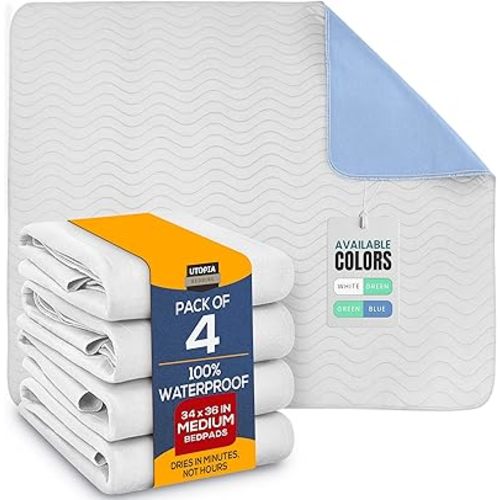 Utopia Bedding Washable Underpads 34" x 36" (Pack of 4), Waterproof Reusable Heavy Absorbency Incontinence Bed Pads for Adults, Kids, Elderly and Pets, Bedwetting Pads for Sofa and Couch (White Blue)