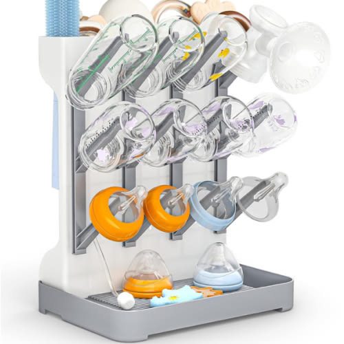 GoMaihe Baby Bottle Drying Rack: Space Saving Vertical Bottle Dryer Holder - Baby Accessories Storage Stand Organize Brushes Pacifiers on Countertop - BPA-Free - Gray