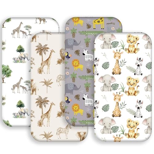 4 Pack Safari Jungle Animals Neutral Unisex Fitted Nursery Baby Sheets Set Toddler Mattress Sheets for Baby Boys or Girls (Bassinet Sheets)