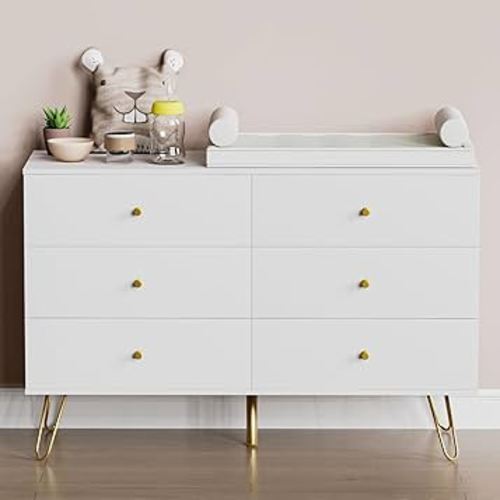 REHOOPEX White Dresser for Bedroom with 6 Drawers, Modern Wood 6 Drawer Dresser with Black Knobs, Chest of Drawers for Nursery, Living Room, Closet, Entryway, Hallway (White)