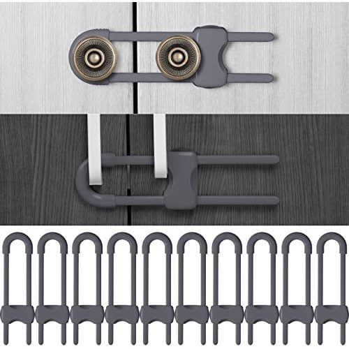 10 Pieces Sliding Cabinet Locks, Child U-Shaped Proofing Cabinet with Adjustable Safety Child Lock, Easy to Use Childproof Latch for Knob Handle on Kitchen Door Storage Cupboard Closet Dresser (Gray)