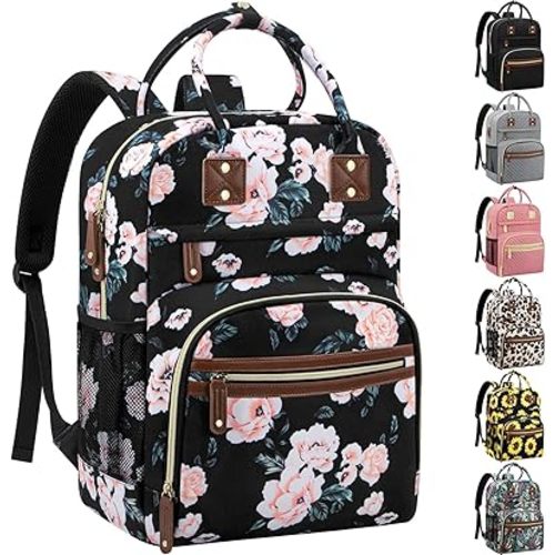 Tenot Diaper Bag Backpack for Women with Insulated Pocket Black Pink Floral