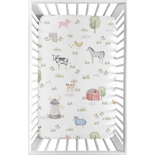 Sweet Jojo Designs Farm Animals Boy or Girl Fitted Mini Crib Sheet Baby Nursery for Portable Crib or Pack and Play - Watercolor Farmhouse Horse Cow Sheep Pig