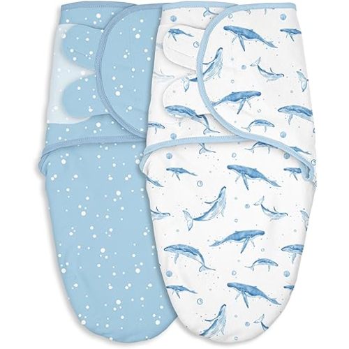 Baby Swaddles for Newborn Organic Cotton,Soft & Snug Newborn Velcro Swaddle 0-3 Months Sleep Sack Helps Calm Startle Reflex, 2-Pack Wrap Nursery Swaddling Blankets Whale