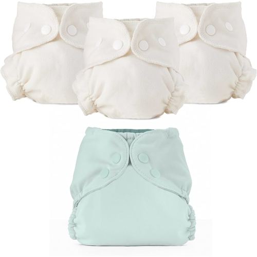 Esembly Cloth Diaper Bundle Set - 3 Organic Cotton Absorbent Inners and 1 Waterproof Outer Diaper Cover - Reusable, Washable, Snap Closure Cloth Diapers - Size 1 (7-17lbs), Mist