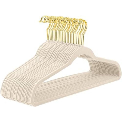MIZGI Ivory Velvet Hangers 60 Pack,Premium Gold Clothes Hangers Non-Slip Felt Hangers,Sturdy Ivory Hanger Heavy Duty Coat Durable Suit Hanger for Space Saving, No Flocked Marks