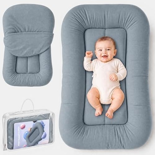 Infant Support Cushion - Organic Soft Cotton Baby Support Cushion for Newborn 0-24 Months, Breathable Portable Pad for Home and Travel, Washable Cover Included, Ideal Baby Essentials Gift, Mist-CS-02