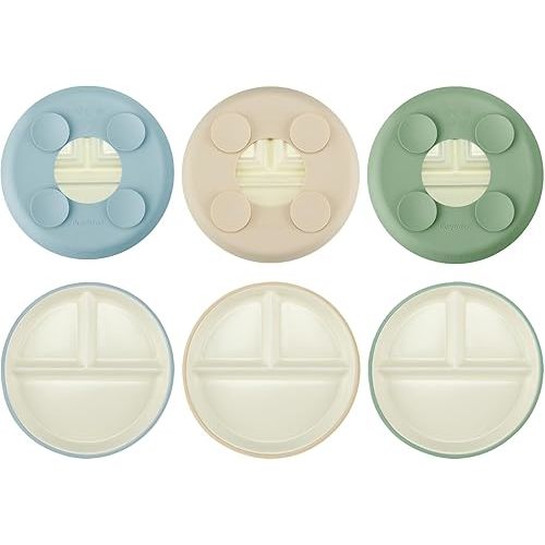 PandaEar 3 Pack Porcelain Toddler Plates with Silicone Sleeves | 7.8" Divided Kids Plates | Microwave & Dishwasher Safe | Non-Slip, BPA-Free (Brown/Blue/Green)