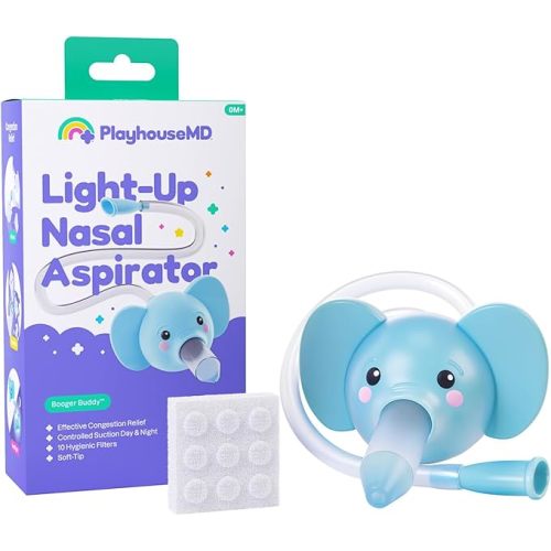 Playhouse MD Booger Buddy Nasal Aspirator, Elephant - with LED Light for Babies & Toddlers – BPA-Free Snot Remover for Infant Stuffy Nose, Congestion Relief – Easy to Clean Design - FSA/HSA Eligible
