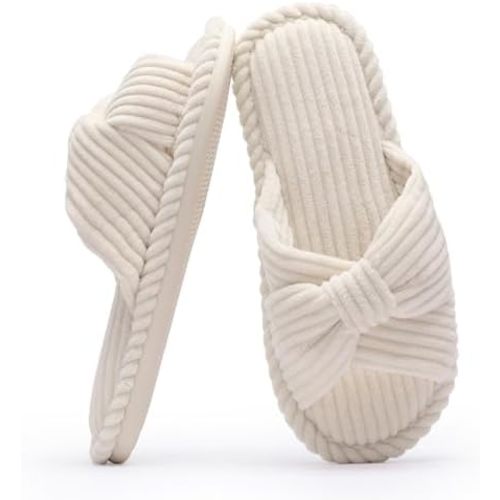 Chantomoo Slippers for Women Memory Foam House Womens Slipper Slides Home Bedroom Bathroom Spa Open Toe Corduroy Bow Slippers Cozy Comfortable